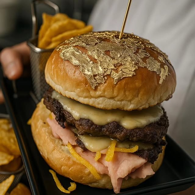 Hamburguesa premium de D'Andux con pan dorado, oro comestible y papas en cestita