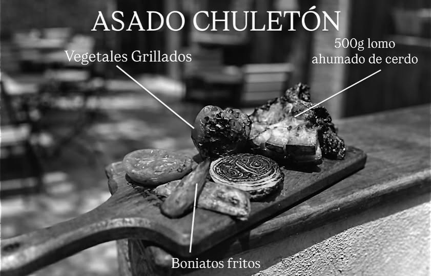 Diagrama del Asado Chuletón con etiquetas: 500 g de lomo ahumado de cerdo, vegetales grillados y boniatos fritos